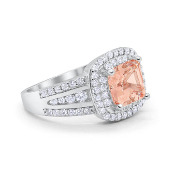 Halo Art Deco Wedding Ring Princess Cut Simulated Morganite CZ 925 Sterling Silver